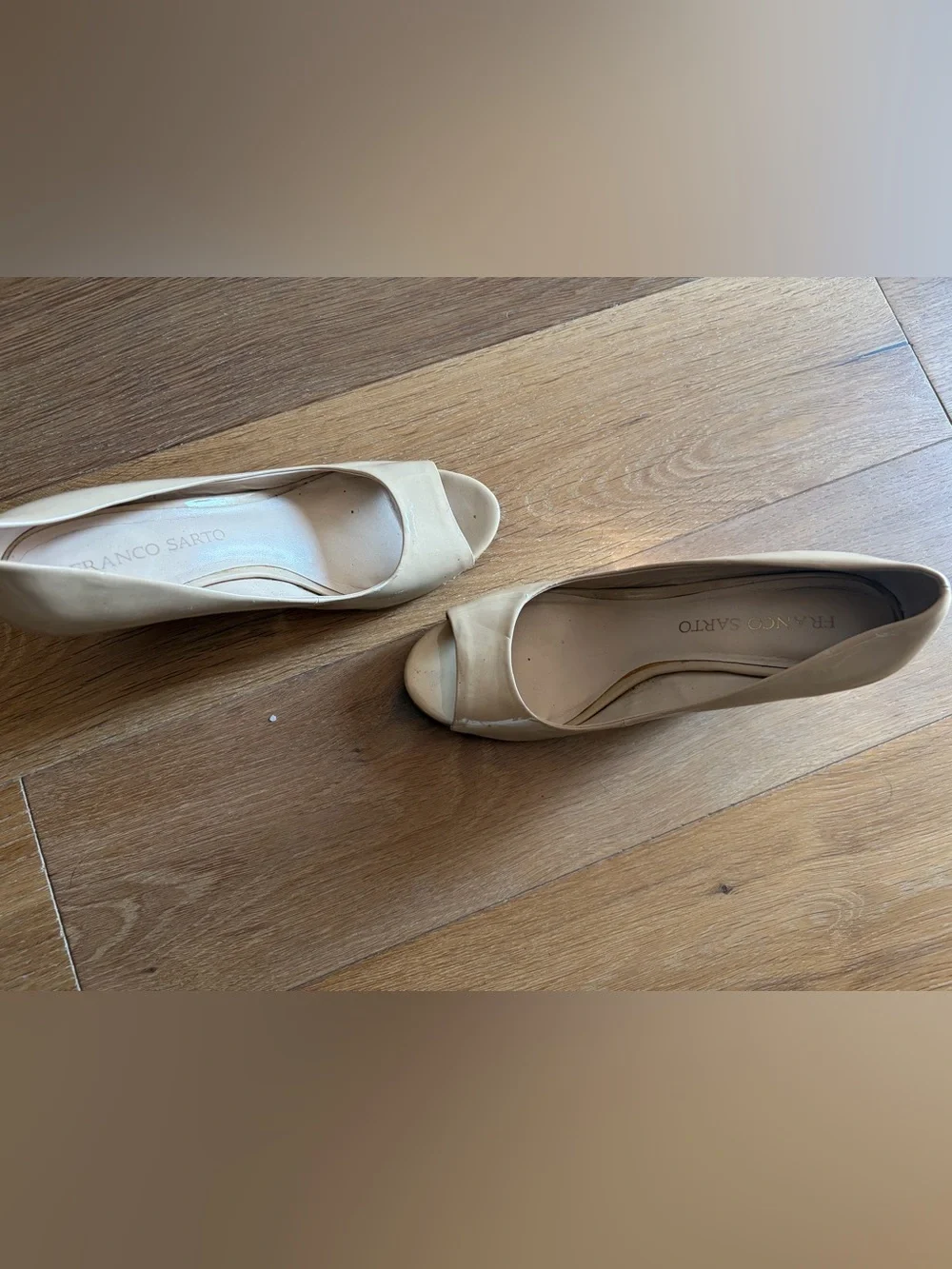 Franco Sarto Nude Patent Peep-Toe Wedge Pumps